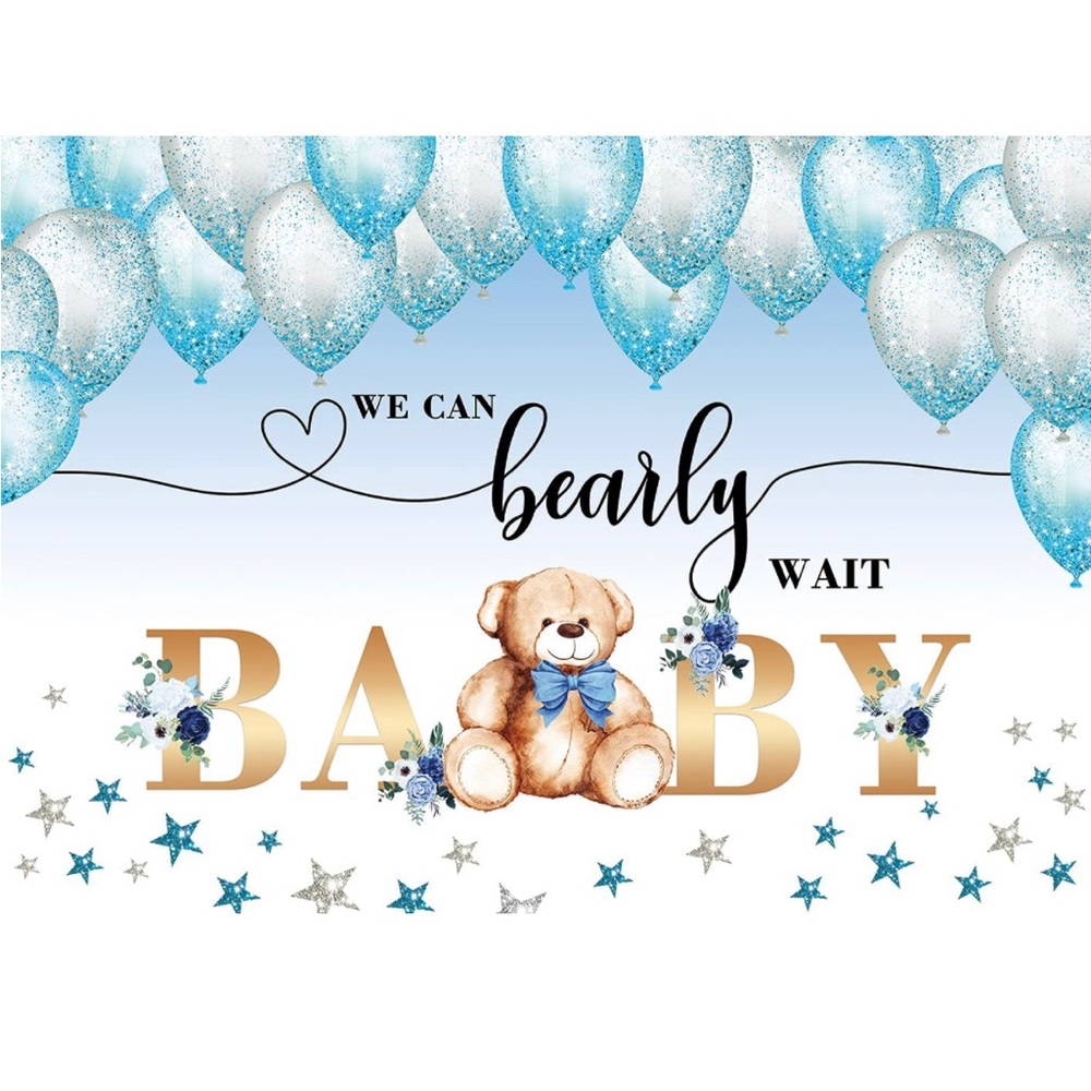 Baby Shower Bear Photo Backdrop Blue